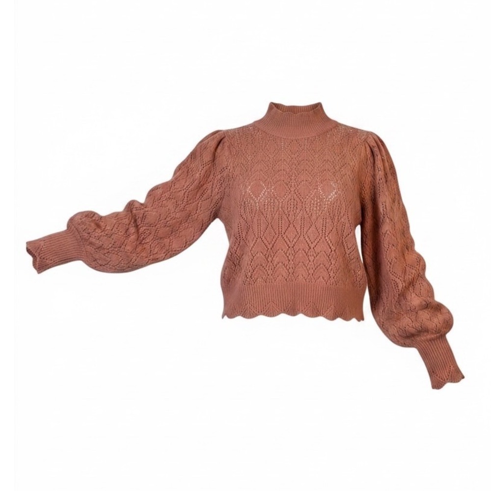 Marled Women's L Rust Terracotta Pointelle Puff Sleeve Mock Neck Sweater NWT